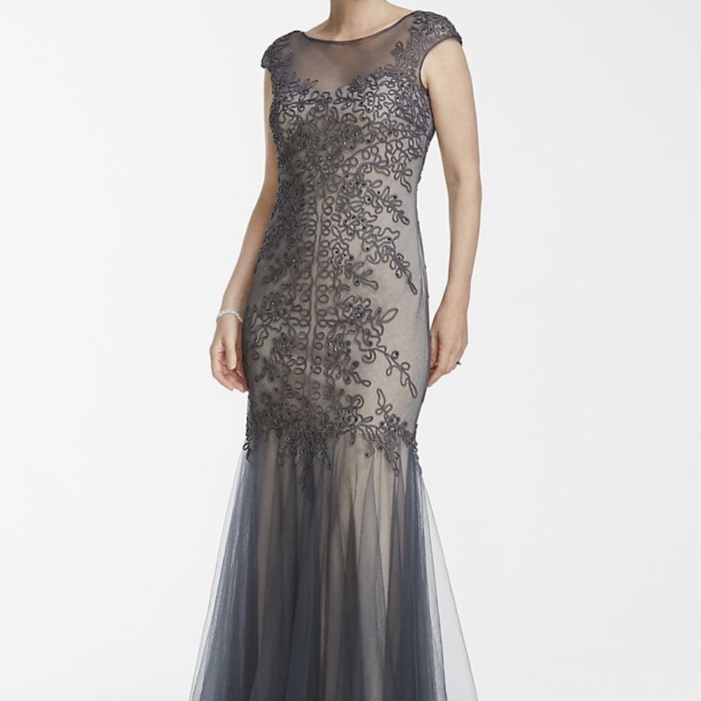 Embroidered Navy Tulle Mermaid Evening Dress